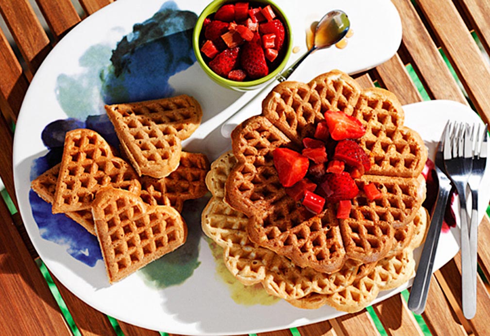 Whole Grain Waffles with Strawberry Rhubarb Topping